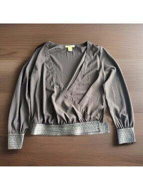Vintage Arden B Black Wrap Blouse Size Small Y2K Quilted Cuffs And Textured Hem
